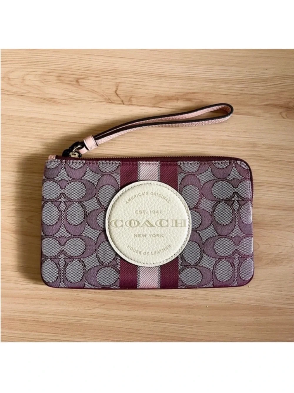 Coach Dempsey Large Corner Zip Wristlet In Signature Jacquard With Stripe